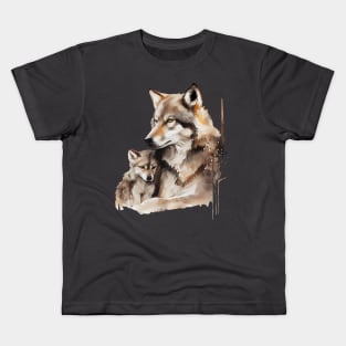 Watercolor Illustration of Wolf Mother with a Baby Kids T-Shirt